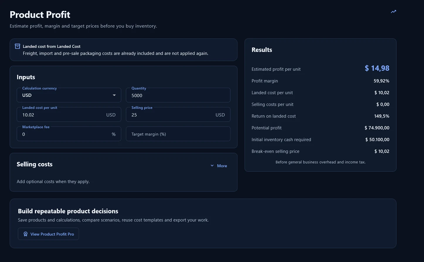 Solvunu Product Profit tool