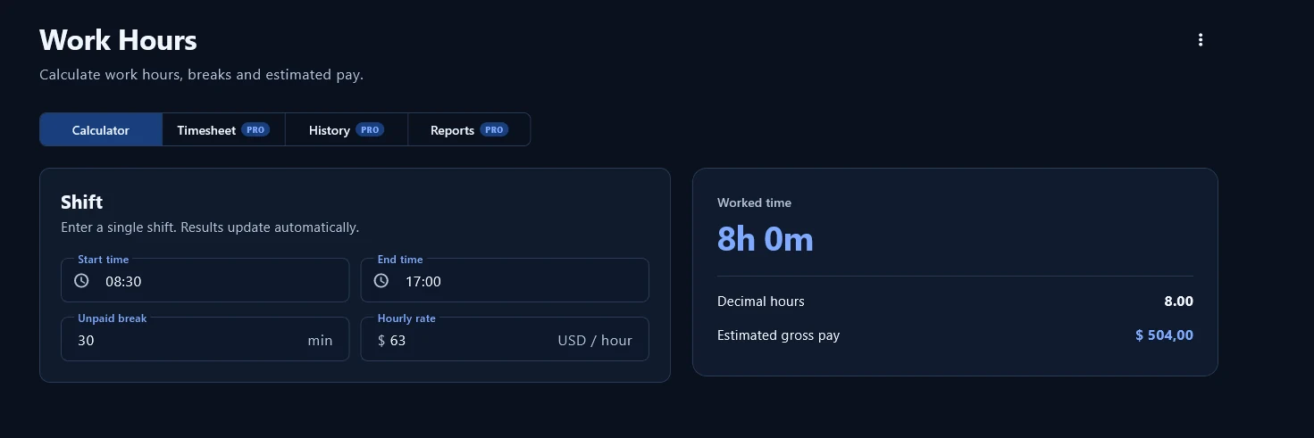 Solvunu Work Hours calculator