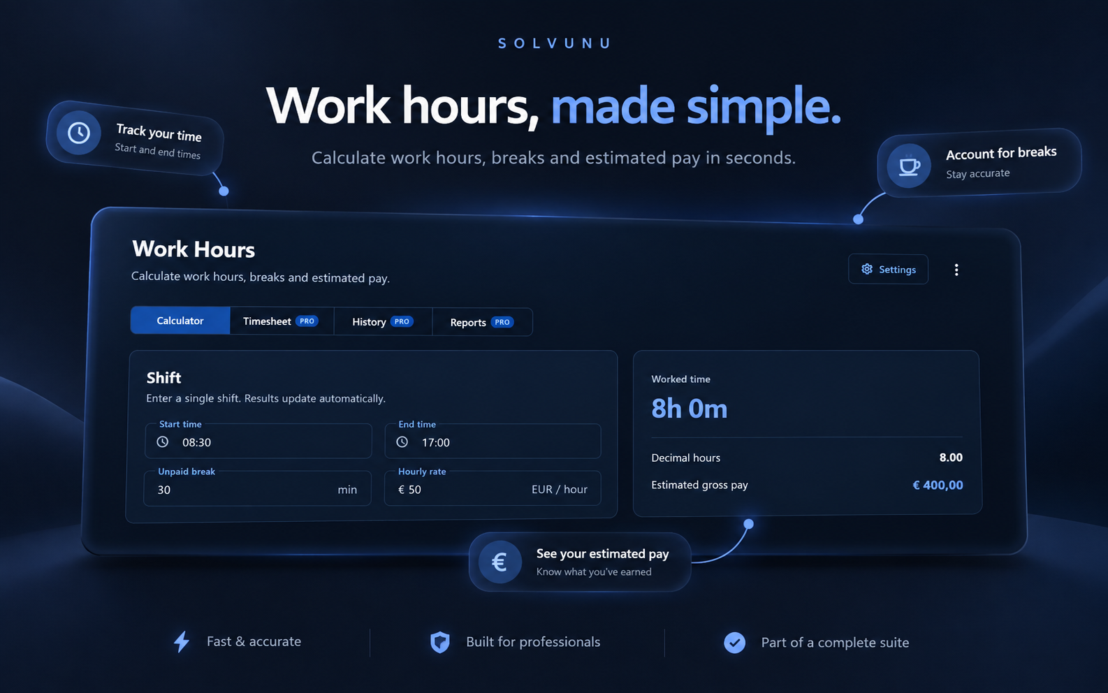 Solvunu Work Hours calculator showing work time, breaks and estimated pay.
