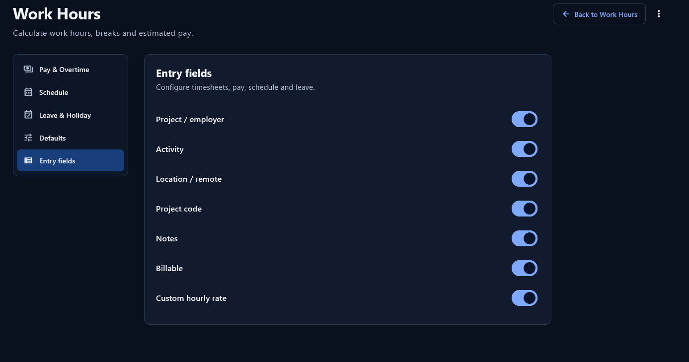 Entry field settings for project, activity, location, project code, notes, billable status and custom hourly rate.