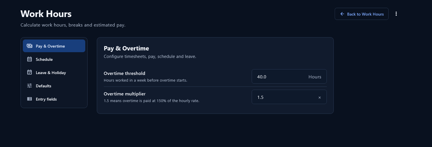 Pay and Overtime settings with overtime threshold and multiplier.