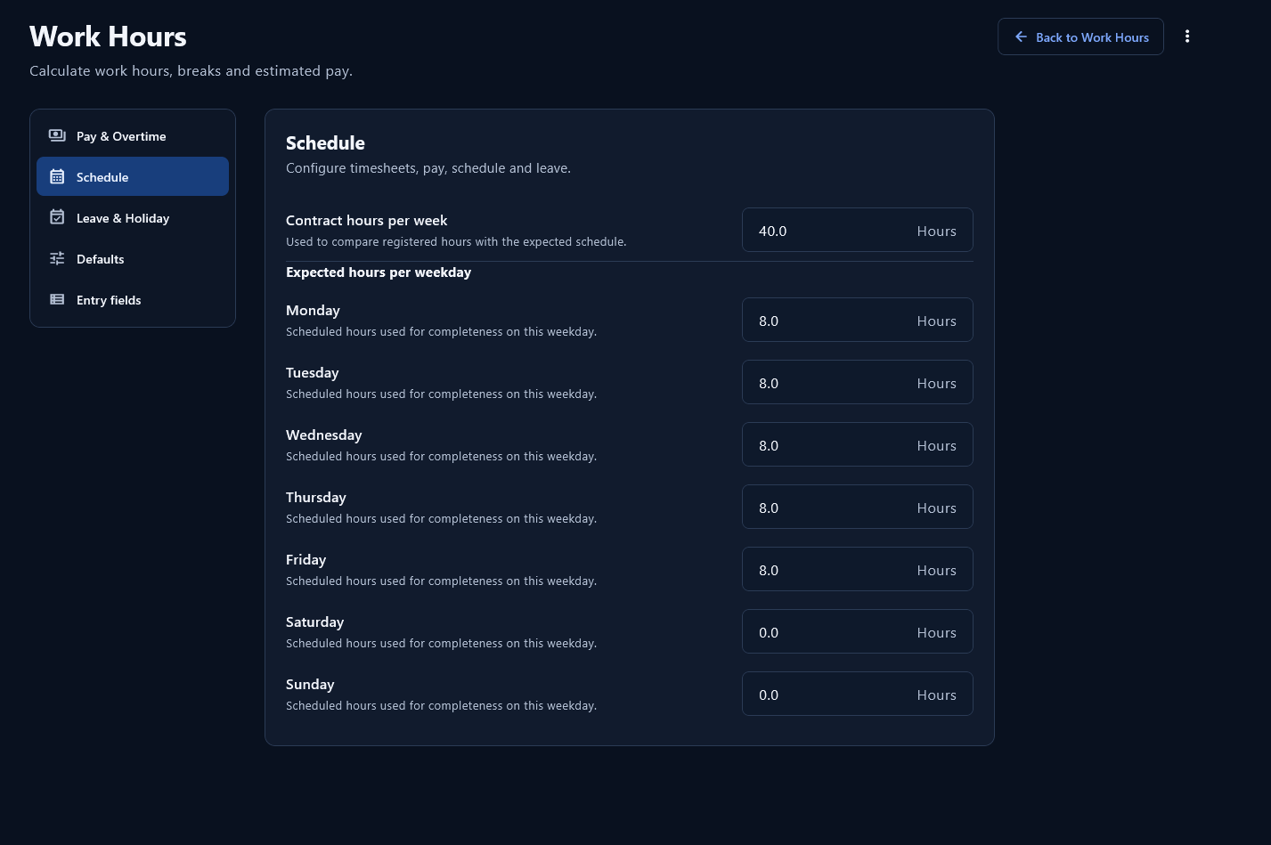 Schedule settings with contract hours and expected hours for each weekday.